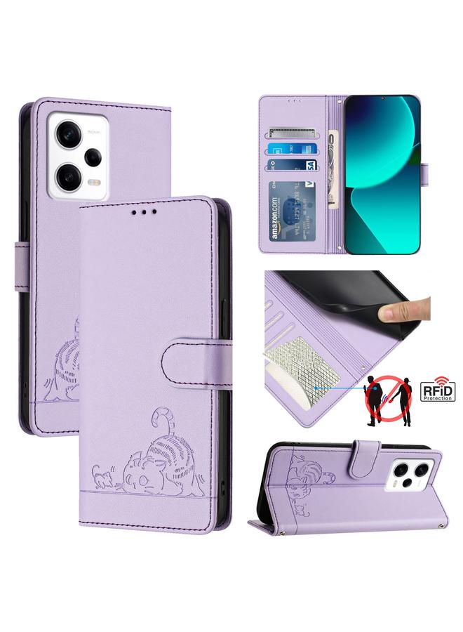 The Bros Case For Xiaomi POCO X5 Pro Cat Rat Embossed Pattern RFID PU Phone Case with Wrist Strap