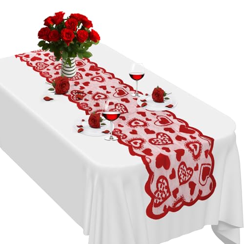 Luktastic Valentines Table Runner, 13 x 72 Inch Red Heart Lace Table Runner for Valentines Decorations Romantic Home Kitchen Dining Table Decor Indoor Outdoor Wedding Holiday Anniversary Party Decorations - Image 1