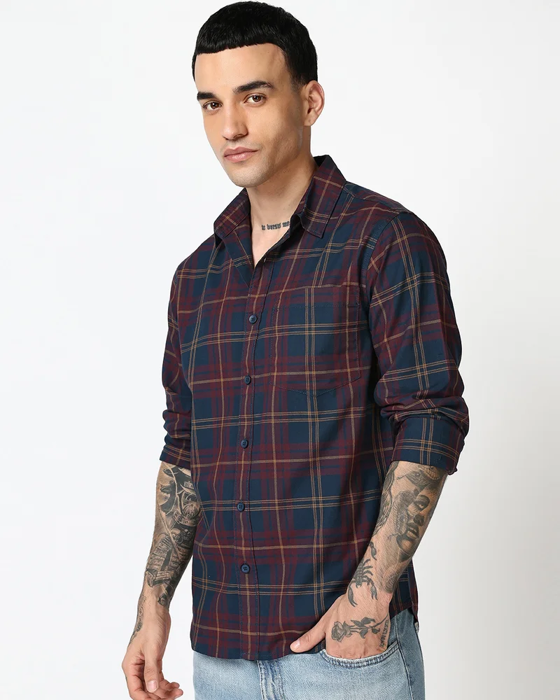 بيواكوف Men's Blue & Maroon Checked Shirts