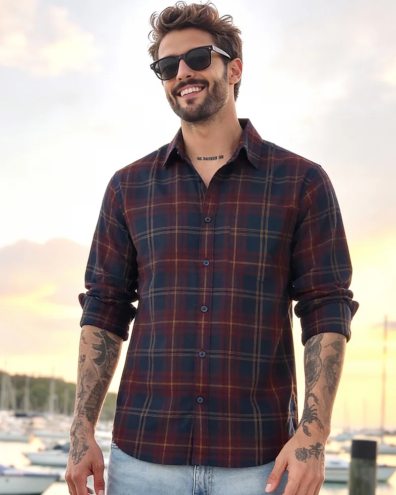 بيواكوف Men's Blue & Maroon Checked Shirts
