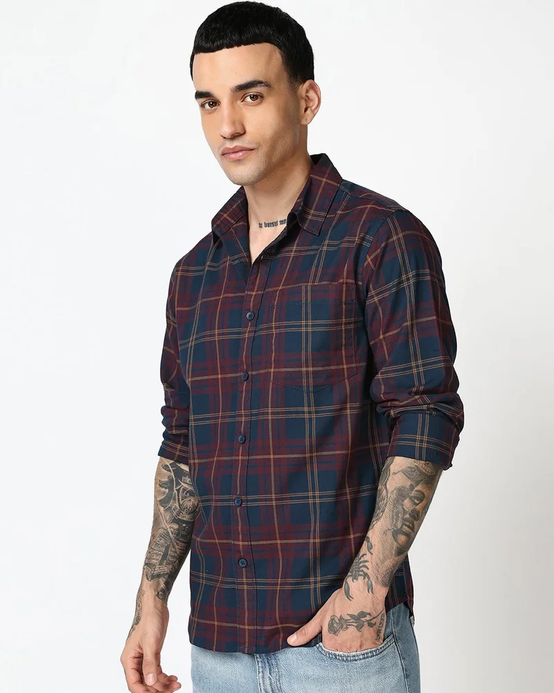 بيواكوف Men's Blue & Maroon Checked Shirts