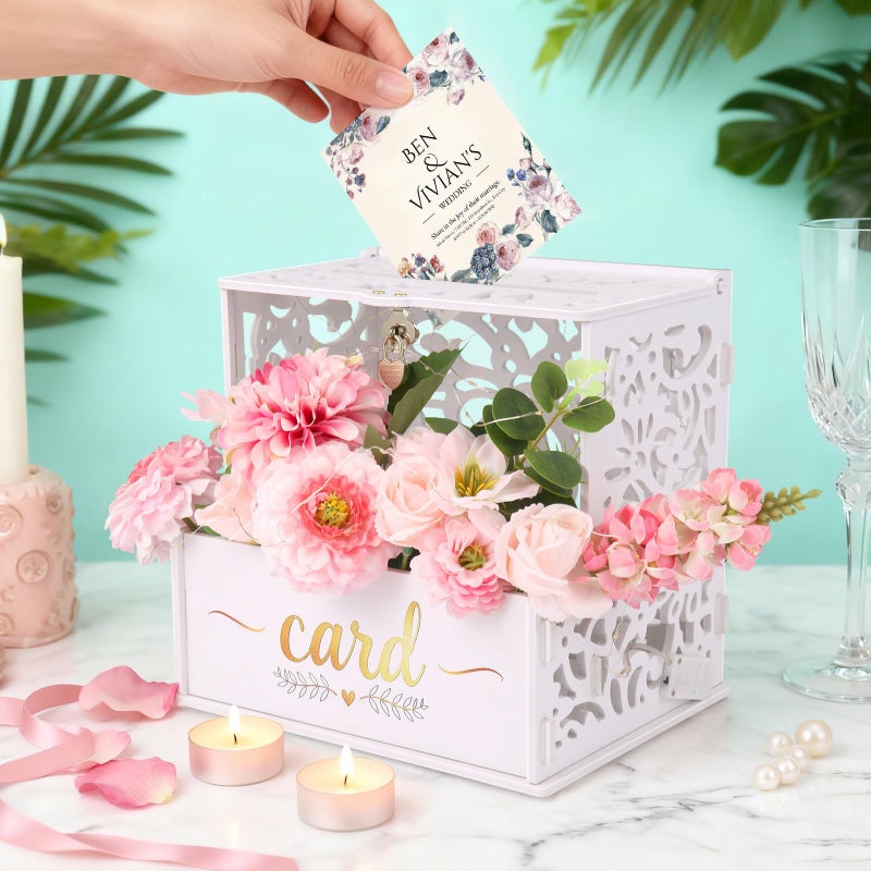 GKLTVB White PVC Wedding Card Box,Gift Card Box with Acrylic Window and Flower Trough for Party Wedding Decor Baby Showers Birthday Party,Lock & String Light Included - Image 3