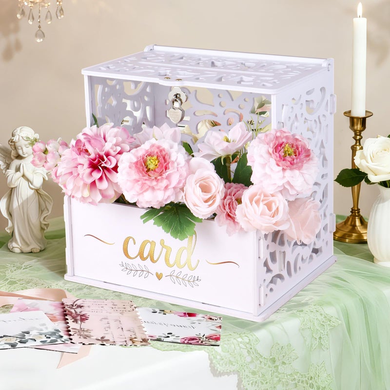 GKLTVB White PVC Wedding Card Box,Gift Card Box with Acrylic Window and Flower Trough for Party Wedding Decor Baby Showers Birthday Party,Lock & String Light Included - Image 1