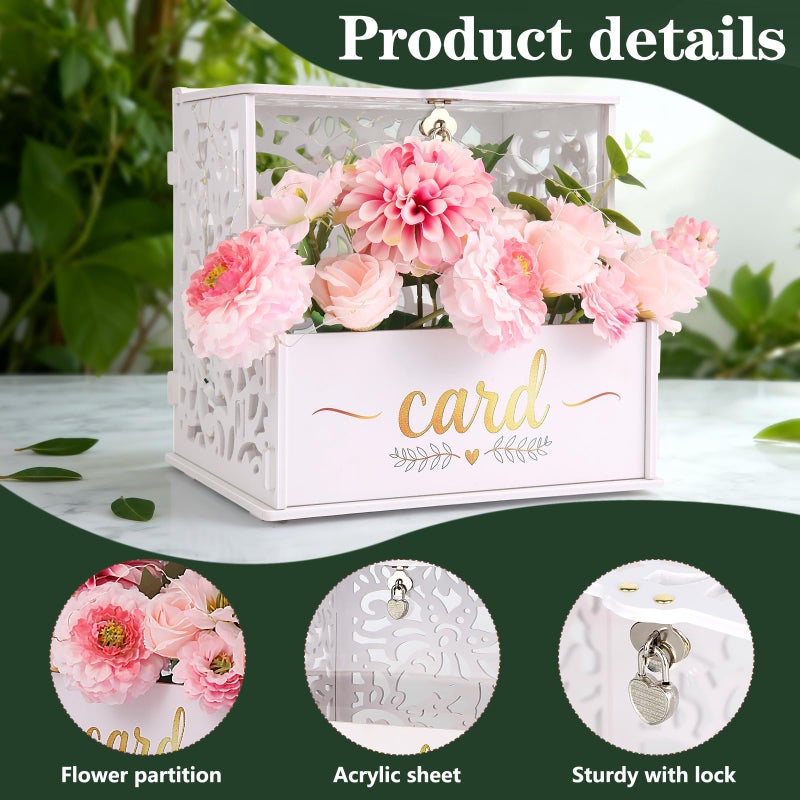 GKLTVB White PVC Wedding Card Box,Gift Card Box with Acrylic Window and Flower Trough for Party Wedding Decor Baby Showers Birthday Party,Lock & String Light Included - Image 4