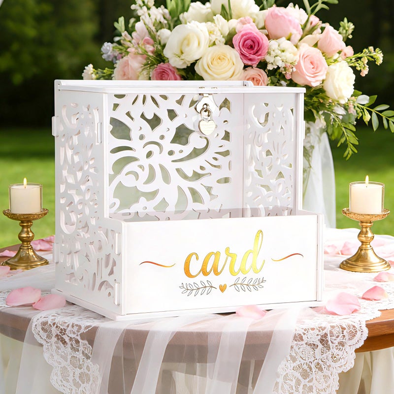 GKLTVB White PVC Wedding Card Box,Gift Card Box with Acrylic Window and Flower Trough for Party Wedding Decor Baby Showers Birthday Party,Lock & String Light Included - Image 5