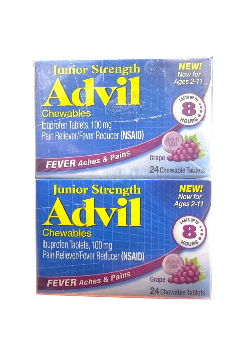 Advil أيبوبروفين للأطفال القابل للمضغ لتخفيف الألم وخفض الحرارة، أيبوبروفين للأطفال لتخفيف الألم، عنب - 24 حبة (عبوة من 2) - Image 1