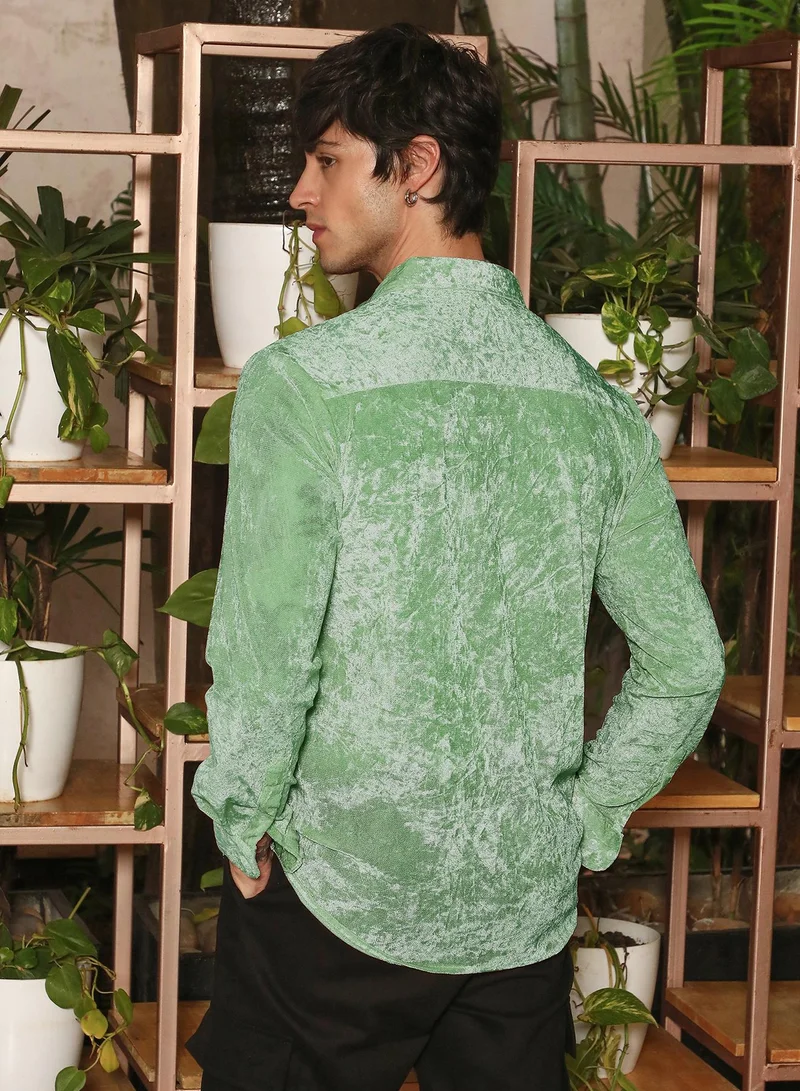 Campus Sutra Campus Sutra Men's Sage Green Solid Velvet Shirt | Regular Fit Full Sleeve Point Collar Solid Velvet Design | Premium Polyester Blend Woven Fabric For Club & Casual Wear