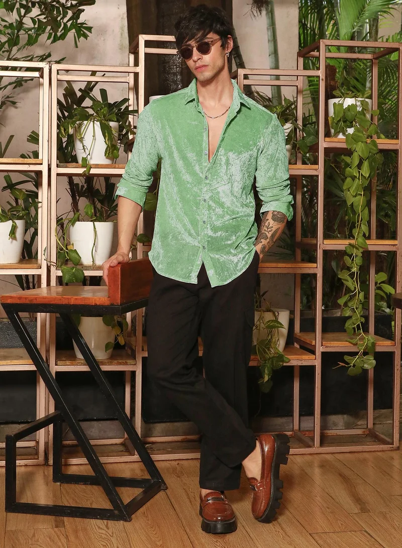 Campus Sutra Campus Sutra Men's Sage Green Solid Velvet Shirt | Regular Fit Full Sleeve Point Collar Solid Velvet Design | Premium Polyester Blend Woven Fabric For Club & Casual Wear