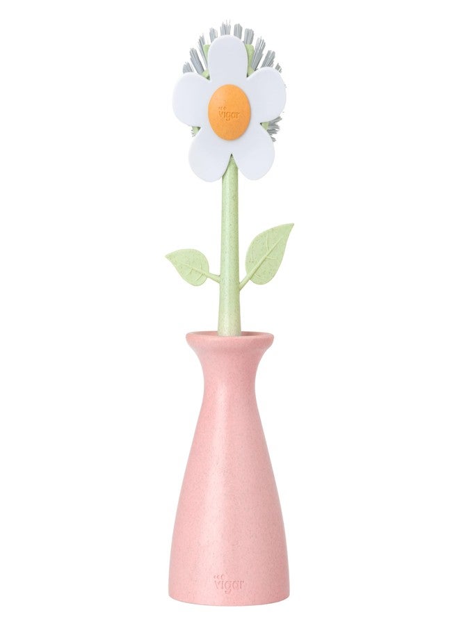 Vigar Florganic Daisy-Shaped Dish Brush with Vase Dish Brush Holder, Dish Brush with Handle, for Pot Scrubber, Kitchen Dishes, and Sink Cleaning, Pink - Image 1
