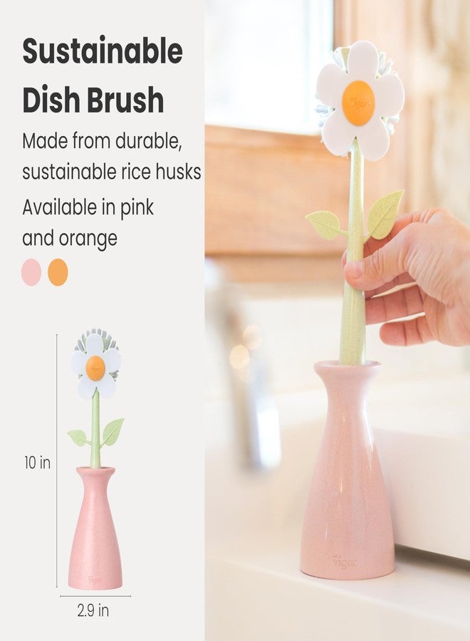 Vigar Florganic Daisy-Shaped Dish Brush with Vase Dish Brush Holder, Dish Brush with Handle, for Pot Scrubber, Kitchen Dishes, and Sink Cleaning, Pink - Image 2
