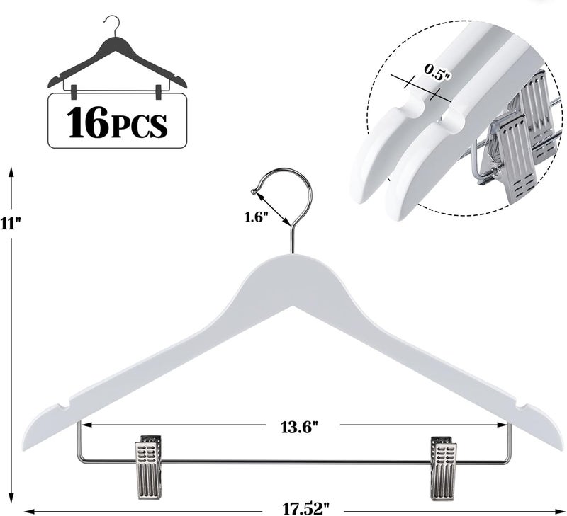 HOUISM HOUÍSM White Wooden Skirt Hangers with Clips 16Pack, Heavy Duty Wood Pants Hangers with Adjustable Metal Clips for Slacks, Jeans, Shorts, Jacket, Blouse, Clothes Suit - Image 2