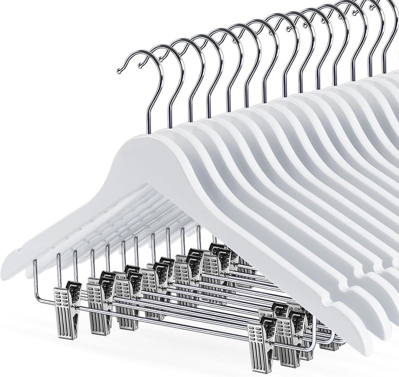 HOUISM HOUÍSM White Wooden Skirt Hangers with Clips 16Pack, Heavy Duty Wood Pants Hangers with Adjustable Metal Clips for Slacks, Jeans, Shorts, Jacket, Blouse, Clothes Suit - Image 1