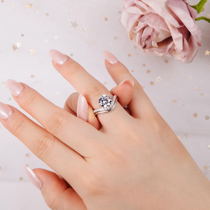 AVECON 3ct Simulated Diamond Ring Set for Women, S925 Sterling Silver Bridal Set, Matching Ring Set, Size 7 - Image 2