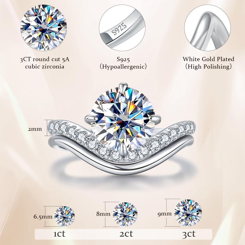 AVECON 3ct Simulated Diamond Ring Set for Women, S925 Sterling Silver Bridal Set, Matching Ring Set, Size 7 - Image 4