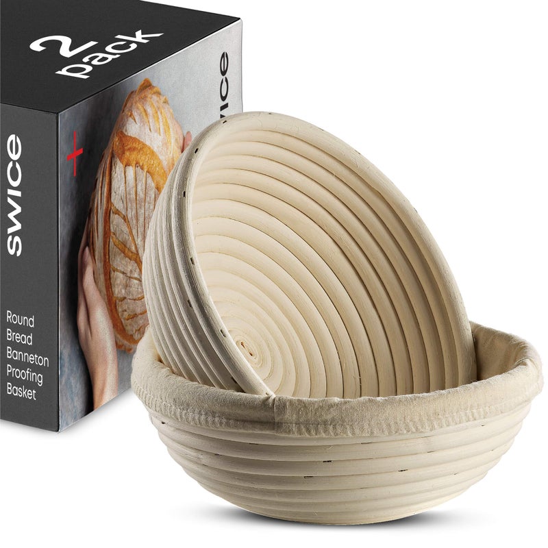 Swice Banneton Bread Proofing Basket [Set Of 2 ] Round 9 Inch Handmade Rattan Baskets And Liners For Sourdough - Image 1