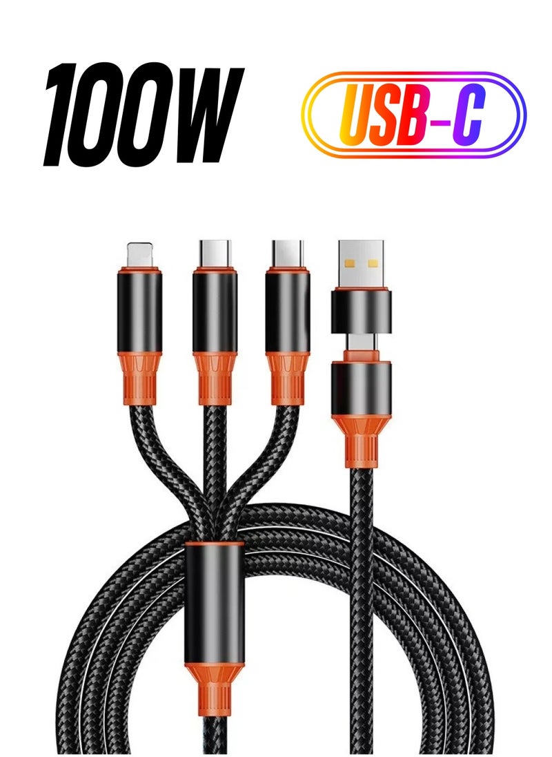 Generic 100W Fast Dual Drag Three Quick Charge Cable Upgrade to 3 in 1 (1.2m) for Apple, Android, and Type-C Devices  - Image 1