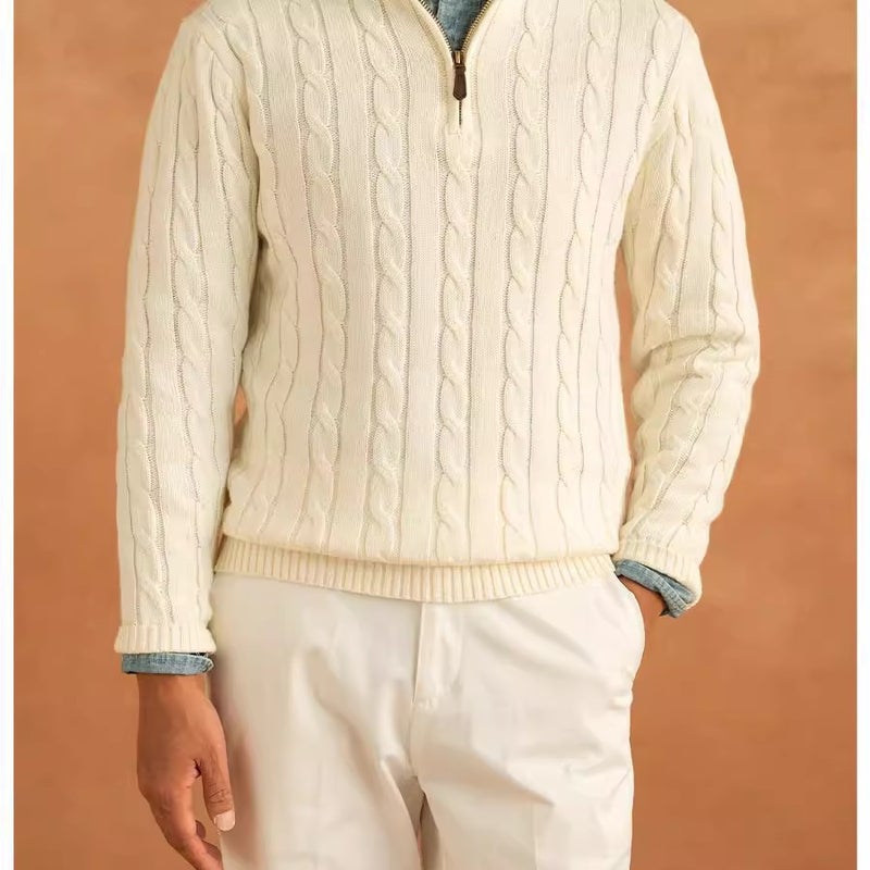 2024 Autumn and Winter High-end Semi-high Collar Zipper Red Long-sleeved Sweater Mens Light Luxury Sweater Base Shirt Apricot - Image 1