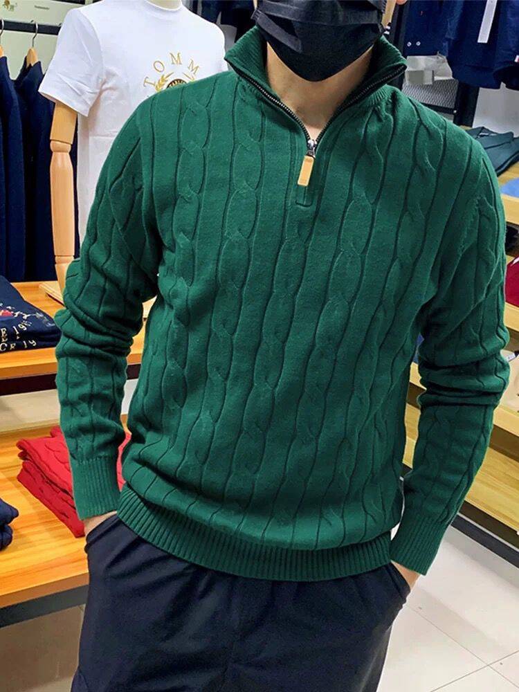 2024 Autumn and Winter High-end Semi-high Collar Zipper Red Long-sleeved Sweater Mens Light Luxury Sweater Base Shirt Apricot - Image 2