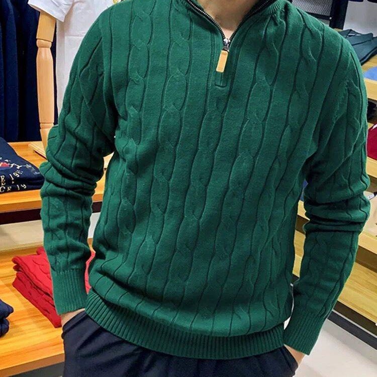 2024 Autumn and Winter High-end Semi-high Collar Zipper Red Long-sleeved Sweater Mens Light Luxury Sweater Base Shirt Apricot - Image 3