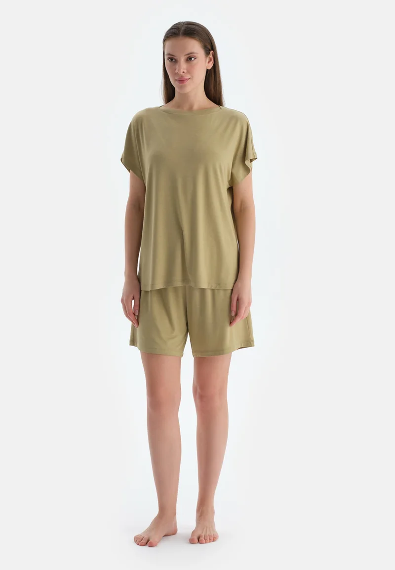 dagi  Mid Rise Green Square Neck Viscose Blend T-shirt & Shorts Nightwear Set for Women | Best Price UAE