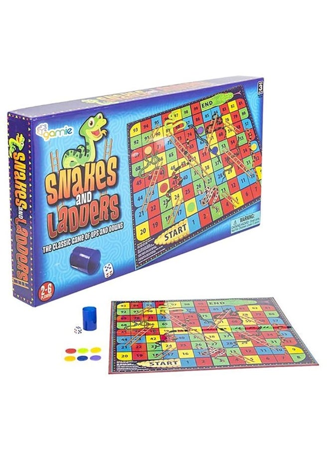 Gamie Snakes and Ladders Board Game for Kids, Complete Set with Board, 6 Pegs, and Dice, Classic Fun for Family Game Night and Classroom, Best Birthday Gift Idea for Boys and Girls - Image 1