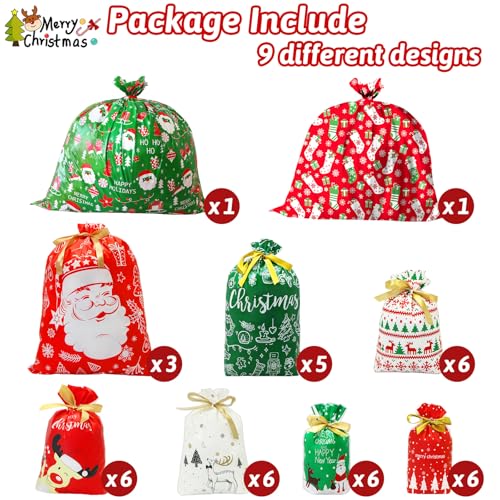 ZMCINER 40 PCS Christmas Drawstring Gift Bags Assorted Sizes Drawstring Christmas Bags for Gifts Xmas Holiday Presents Party Favor - Image 3