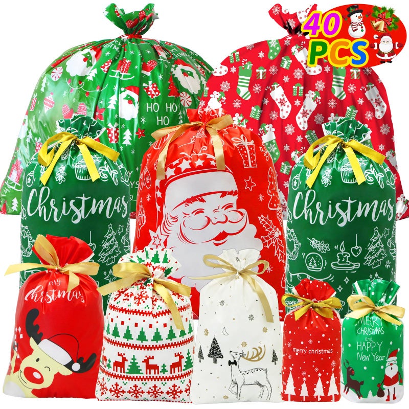ZMCINER 40 PCS Christmas Drawstring Gift Bags Assorted Sizes Drawstring Christmas Bags for Gifts Xmas Holiday Presents Party Favor - Image 2