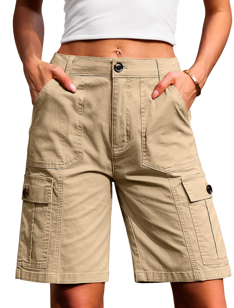 Eddoyee Bermuda Cargo Shorts for Women Casual Long Knee Length High Waisted Stretch Wide Leg Relaxed Fit(Khaki, Large) - Image 1