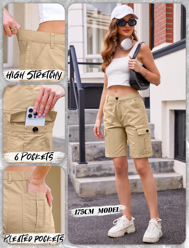 Eddoyee Bermuda Cargo Shorts for Women Casual Long Knee Length High Waisted Stretch Wide Leg Relaxed Fit(Khaki, Large) - Image 4