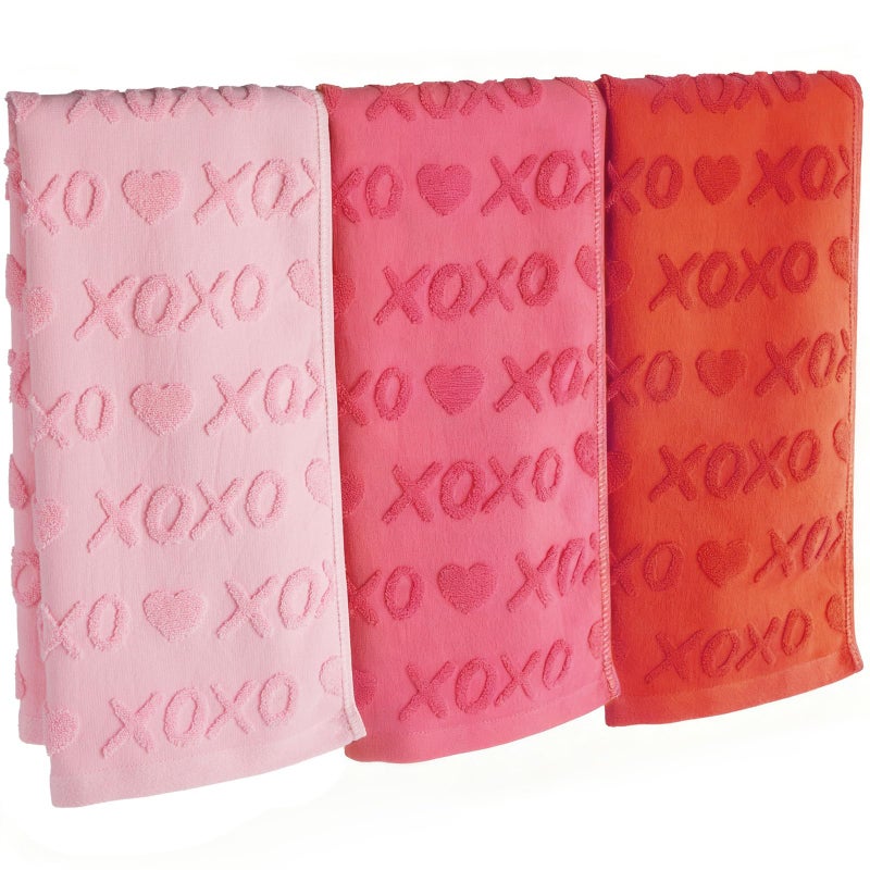 Bornerwhite 3 Pack XOXO Valentine's Day Hand Towels Gradient Red Bathroom Decorative 100% Cotton Soft Absorbent Decorative Soft Hand Towel Set for Kitchen Drying Cleaning Cooking Holiday 13.7'' x 29.5'' - Image 1