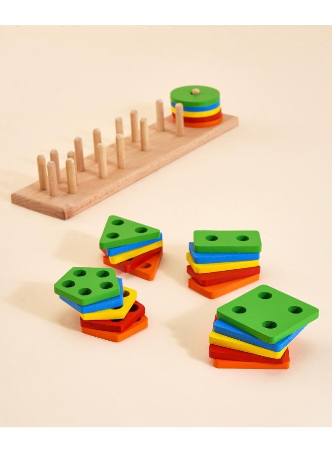PlayNation Play Nation Montessori Wooden Geometric Shape Sorter, Stacking Toy, Easy to Grab, Colorful Blocks, 2 Years+, 30 x 6.5 x 45 cm, Multicolor - 26 Pieces - Image 2