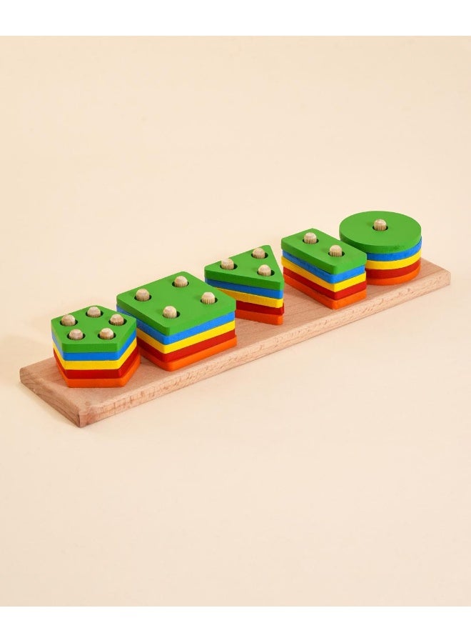 PlayNation Play Nation Montessori Wooden Geometric Shape Sorter, Stacking Toy, Easy to Grab, Colorful Blocks, 2 Years+, 30 x 6.5 x 45 cm, Multicolor - 26 Pieces - Image 1