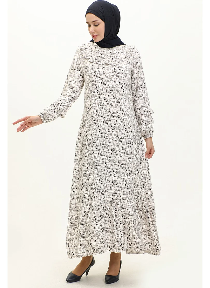 Sefa Merve Frilled Patterned Viscose Dress 0179-08 Ecru