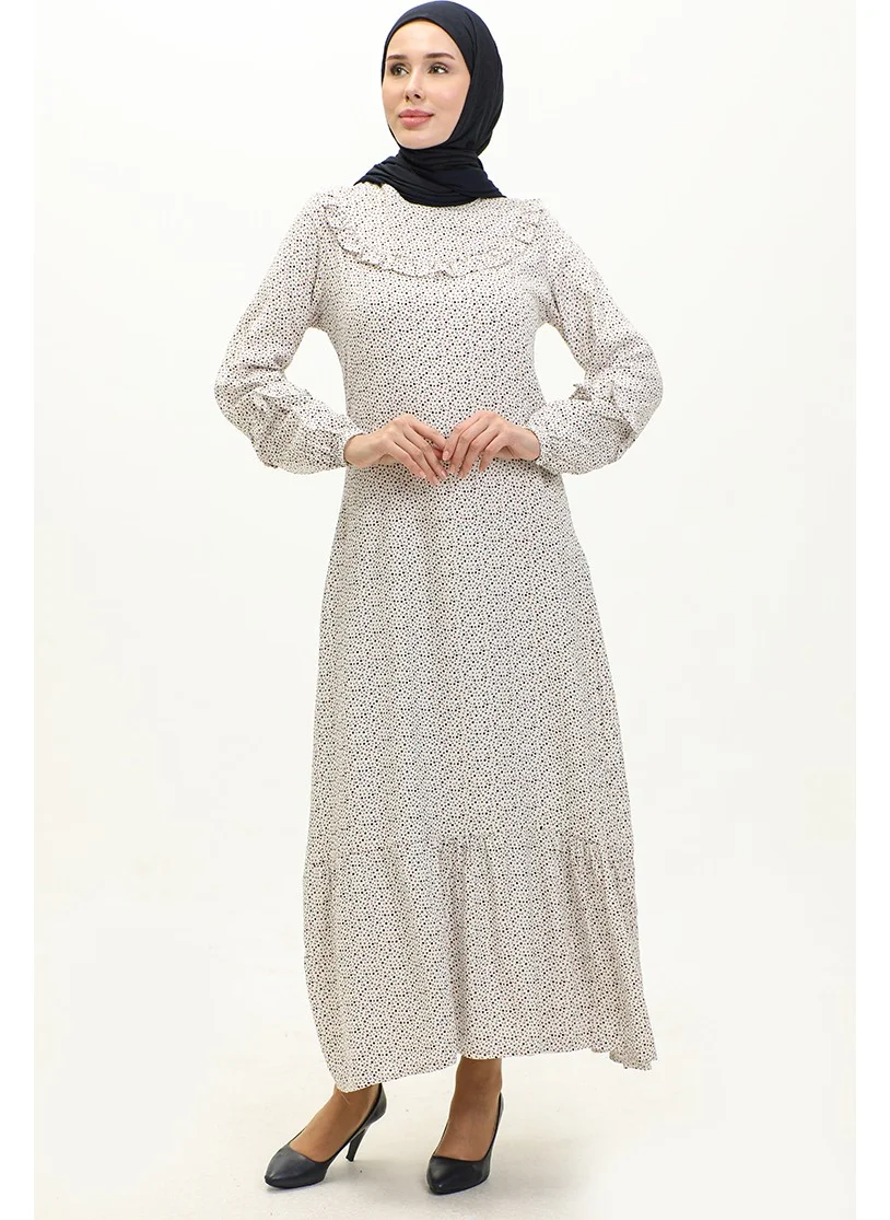 Sefa Merve Frilled Patterned Viscose Dress 0179-08 Ecru