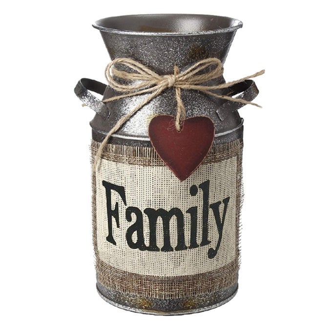 75 HIGH RUSTIC DECORATIVE VASE WITH GREETINGS AND ROPE DESIGN METAL MILK CAN COUNTRY JUG FOR LIVING ROOM BEDROOM KITCHENFAMILY
