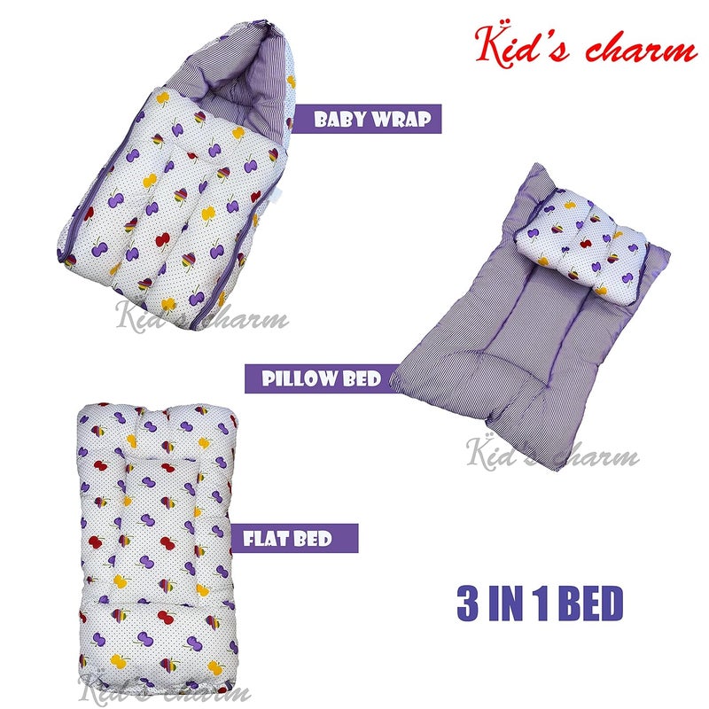 Kid's Charm Kids Charm Cherry 2 PCS Combo Set 3 in 1 Babys Cotton Cum Carry Bed2 in 1 Babys Cotton Bed with Mosquito Net for 04 Months Violet - Image 2