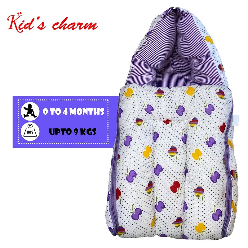Kid's Charm Kids Charm Cherry 2 PCS Combo Set 3 in 1 Babys Cotton Cum Carry Bed2 in 1 Babys Cotton Bed with Mosquito Net for 04 Months Violet - Image 4