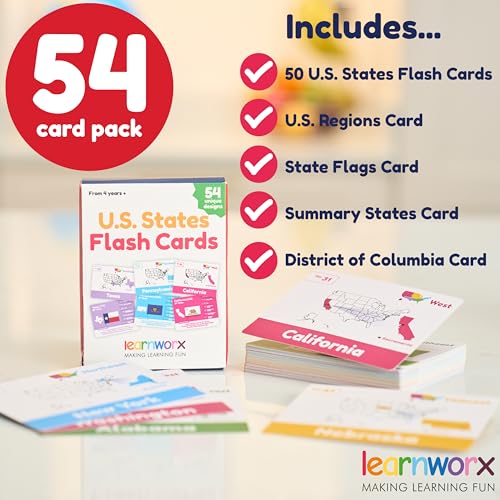 learnworx بطاقات فلاش الولايات المتحدة للأطفال 50 بطاقة جغرافية مع العواصم والأعلام وطيور الولايات والمزيد من بطاقات التعليم لتعلم حقائق تاريخ الولايات المتحدة للأعمار 4 5 6 7 8 9 10 - Image 5