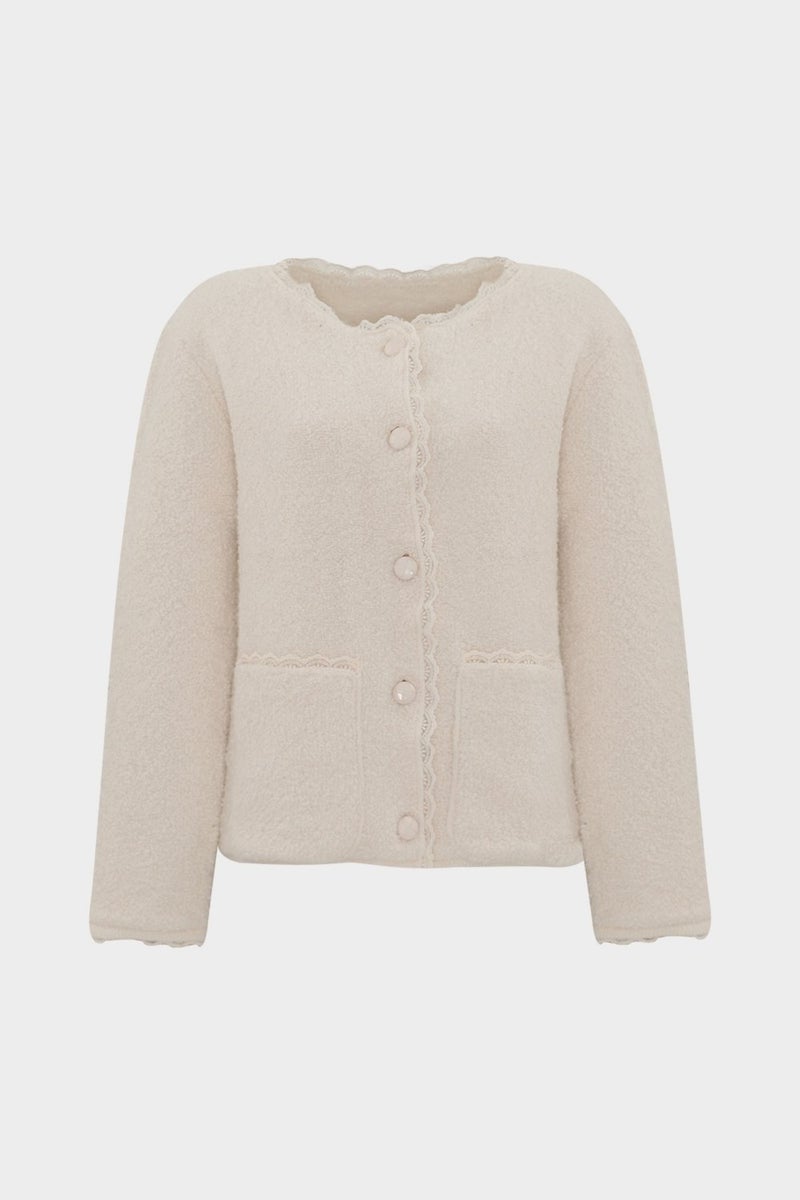 Açelya Okcu AÇELYAOKCU Premium Lace Detailed Pocket Teddy Women's Wool Knitwear Cardigan  - Image 1