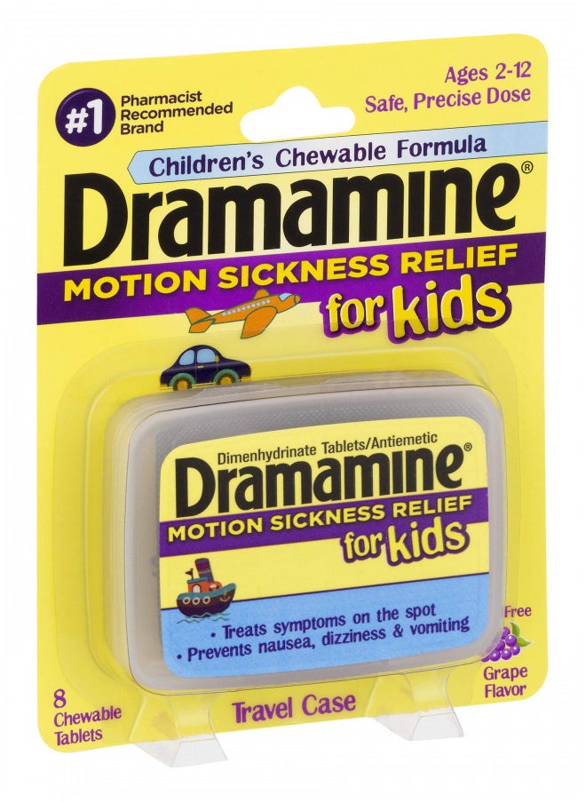 Dramamine Motion Sickness Relief for Kids | Chewable, Grape, 8 Count (Pack of 2), 16 Count