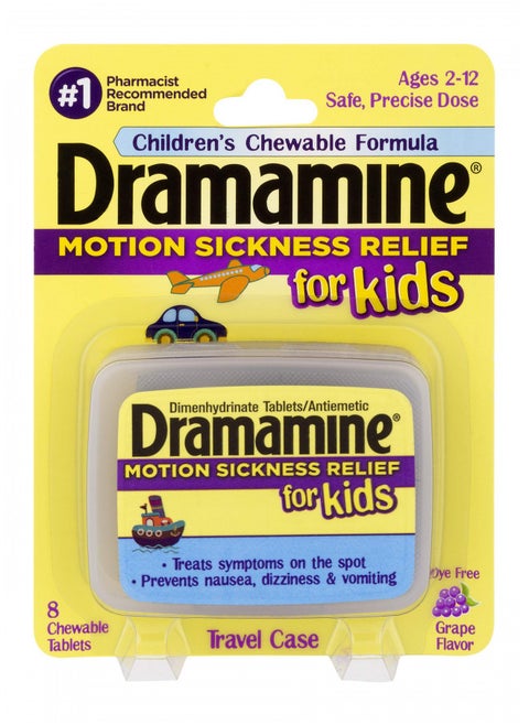 Dramamine Motion Sickness Relief for Kids | Chewable, Grape, 8 Count (Pack of 2), 16 Count