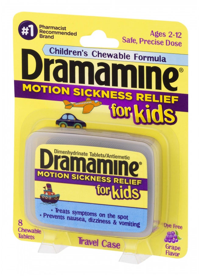 Dramamine Motion Sickness Relief for Kids | Chewable, Grape, 8 Count (Pack of 2), 16 Count