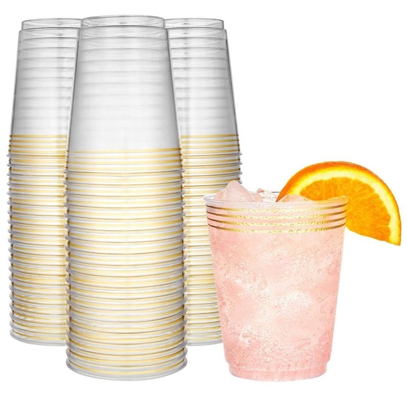 R-kay 50 Pack Gold Plastic Cups For Party - 10 Oz Clear Party Cups Disposable - Hard Disposable Cups - Premium Heavy Duty Gold Cups - Disposable Cocktail Glasses - Plastic Glasses / Plastic Cocktail Glasses - Image 1