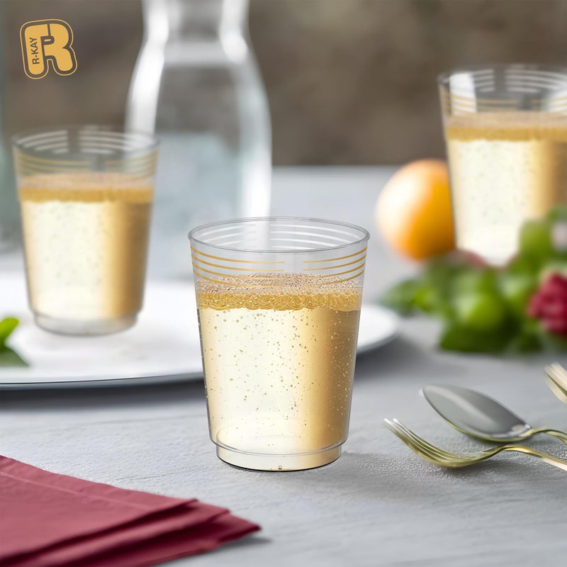 R-kay 50 Pack Gold Plastic Cups For Party - 10 Oz Clear Party Cups Disposable - Hard Disposable Cups - Premium Heavy Duty Gold Cups - Disposable Cocktail Glasses - Plastic Glasses / Plastic Cocktail Glasses - Image 2