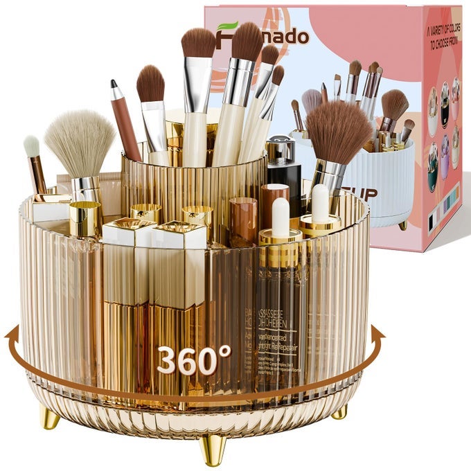 360 ROTATE MAKEUP BRUSH HOLDER ORGANIZER MAKEUP ORGANIZERS COUNTERTOP MAKEUP ORGANIZATION AND SKINCARE STORAGE FOR VANITY DESKTOP BATHROOM CLEAR AMBER