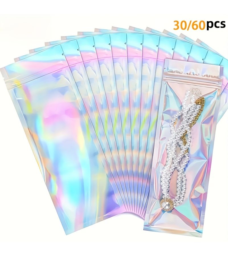 Rainbow Laser 30pcs Holographic Silver Reusable Sealable Bags 2.36x9.06 Inch - Image 1