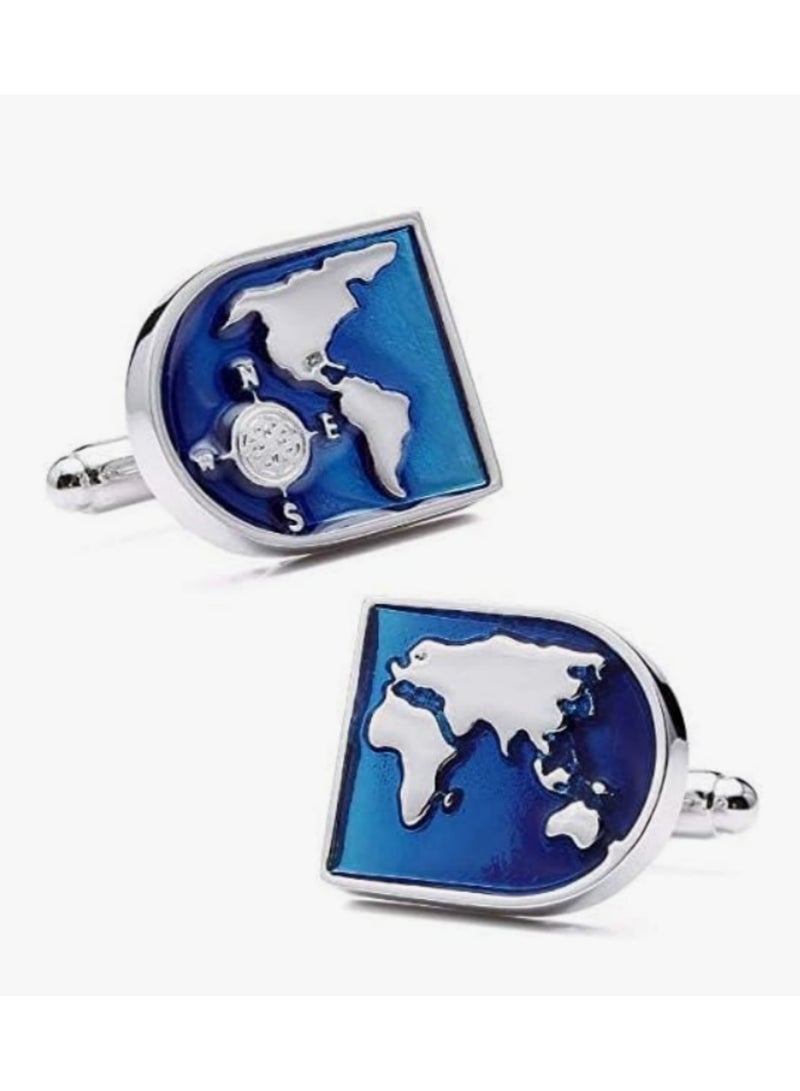 زوج أزرار كفة كرة أرضية - تصميم جديد بلون أزرق وخريطة العالم - مصنوع من النحاس - أفضل هدية للرجال لحفلات الزفاف أو المناسبات الرسمية والعادية - أنيق وفريد من نوعه - Image 1