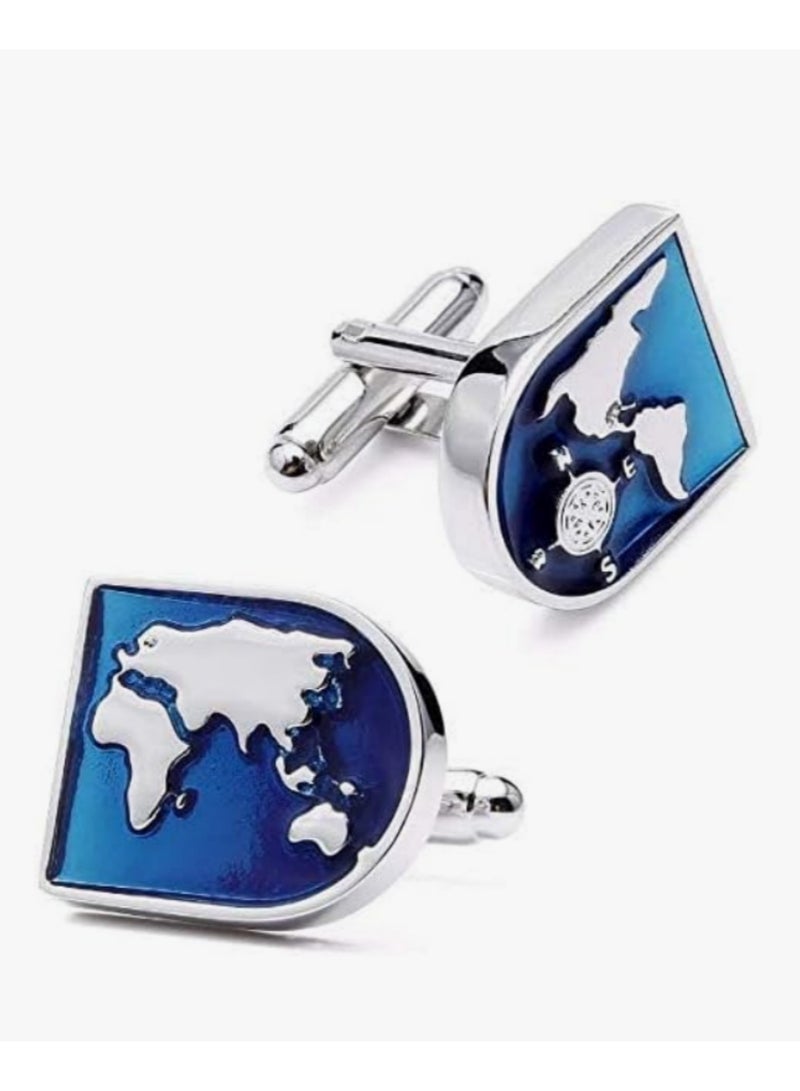 زوج أزرار كفة كرة أرضية - تصميم جديد بلون أزرق وخريطة العالم - مصنوع من النحاس - أفضل هدية للرجال لحفلات الزفاف أو المناسبات الرسمية والعادية - أنيق وفريد من نوعه - Image 2