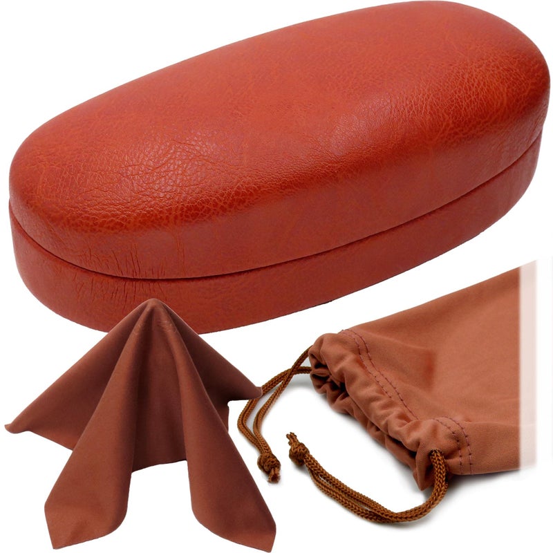 MyEyeglassCase MyEyeglassCase - Premium Leather Like Hard Shell Sunglass Case with Microfiber Pouch & Cleaning Cloth - Glasses Case - Medium to Large Eyeglass Case for Men and Women (AS113 Brown)  - Image 1