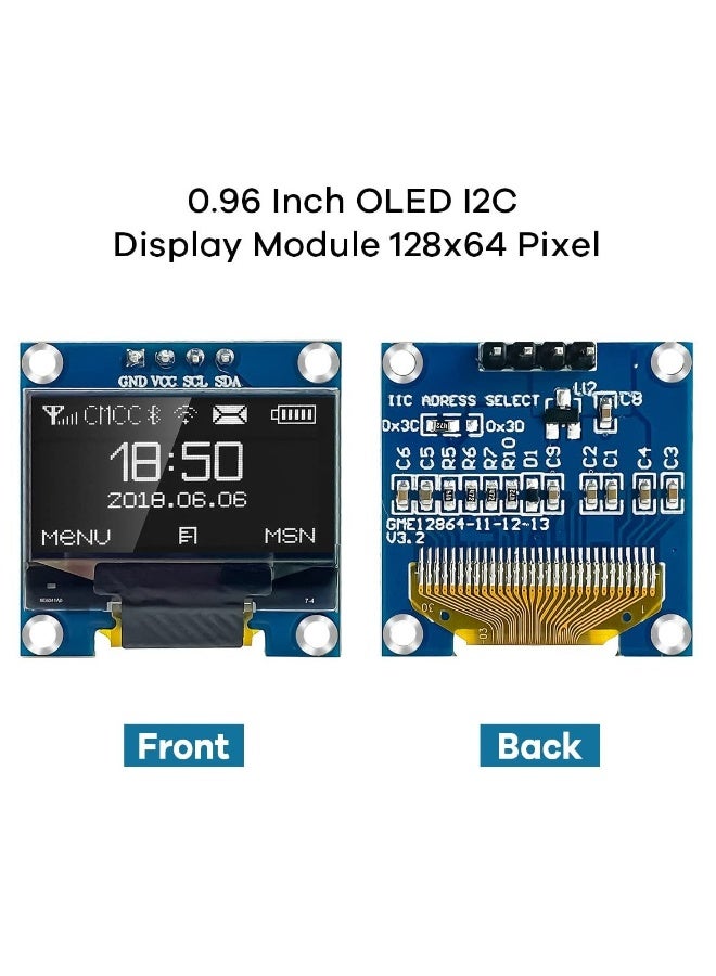 وحدة OLED 128x64 بكسل، 5 قطع شاشة OLED I2C IIC بحجم 0.96 بوصة وحدة 12864 SSD1306 شاشة OLED صغيرة مضيئة ذاتيًا متوافقة مع أردوينو Raspberry Pi (بيضاء)